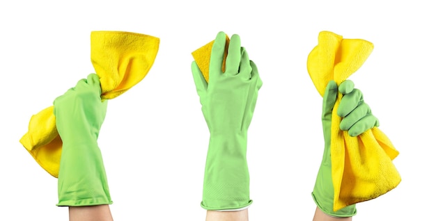 Hand in gloves holding yellow polishing microfiber wiper clothes set isolated on white