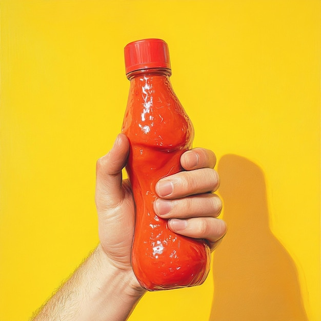 Photo hand grabbing ketchup bottle