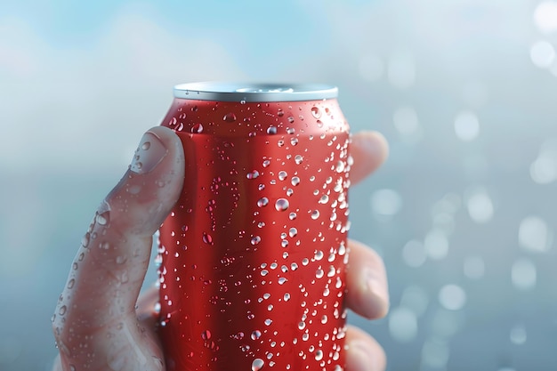 Photo a hand grasping a misted red can of soda