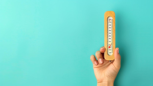 Photo hand grasping a wooden thermometer