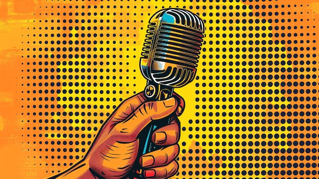 Photo hand gripping a mic halftone collage element pop art on vibrant yellow backdrop