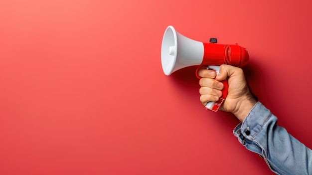 Photo a hand grips a red megaphone with a red backdrop symbolizing communication announcements or a call to action