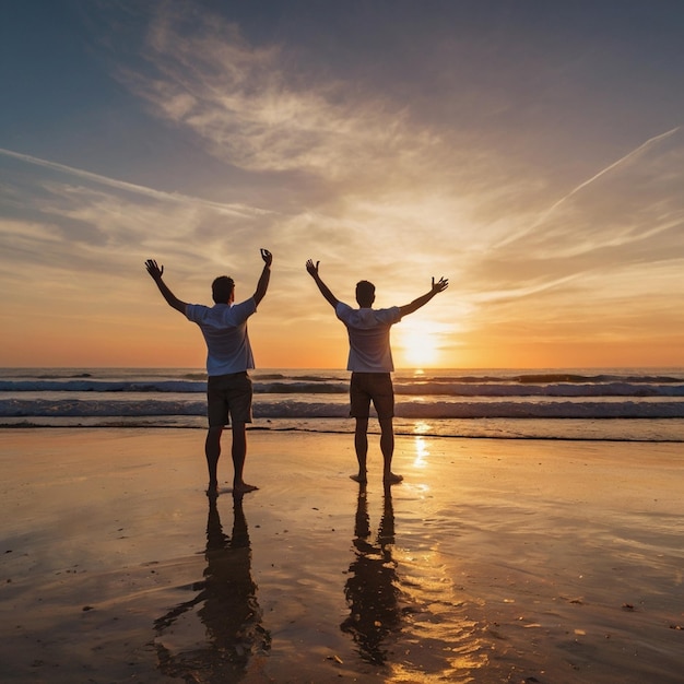 Hand in hand friendship on the beach at sunset