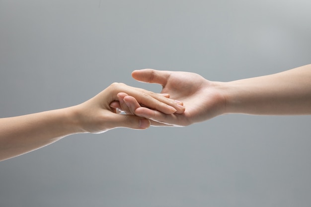 Hand in hand gestures on grey background