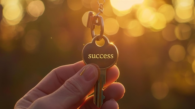 Photo hand handing over the key to success on a blurred golden background