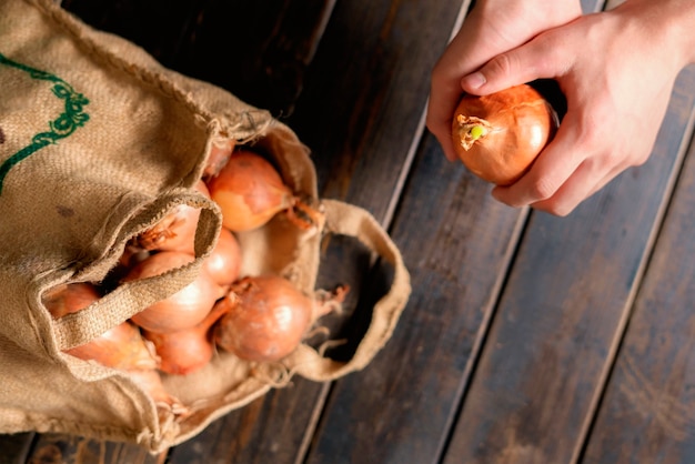 Hand hold fresh onion cloth bag isolated on wooden surface b