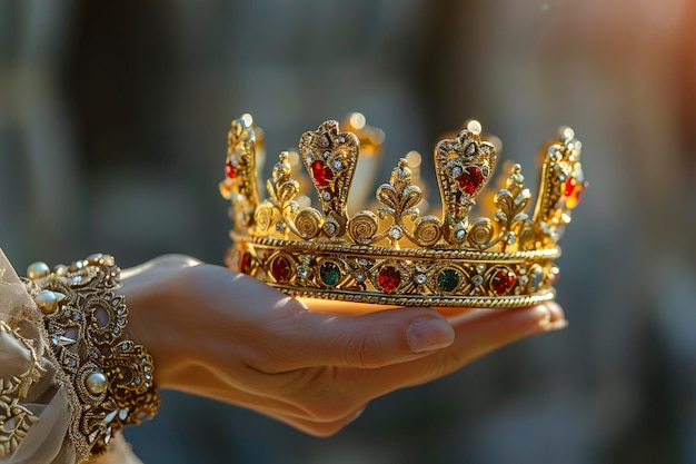 Photo a hand hold golden crown