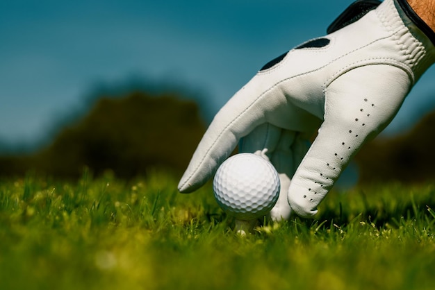 Hand hold golf ball Golfer man with golf glove Hand hold golf ball with tee on course closeup