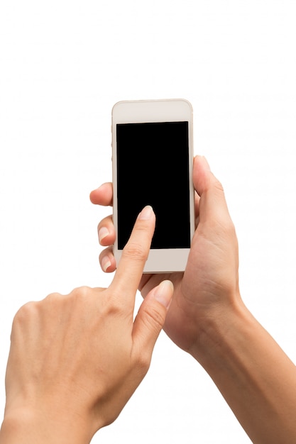 Hand hold phone on white isolated