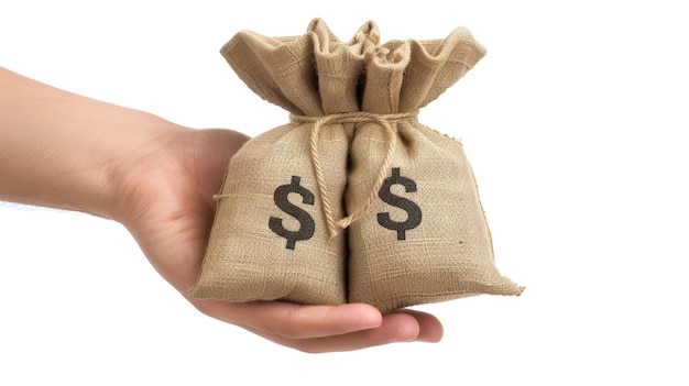 hand hold sacks of money for trading ideas or financial investment against a white backdrop