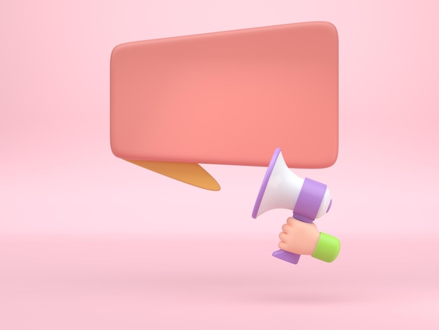 Hand holding a 3D megaphone with speech bubble 3D Illustration