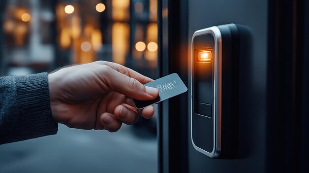 Photo a hand holding an access card near an electronic door lock with an orange light indicator suggesting a secure entry system in an urban environment