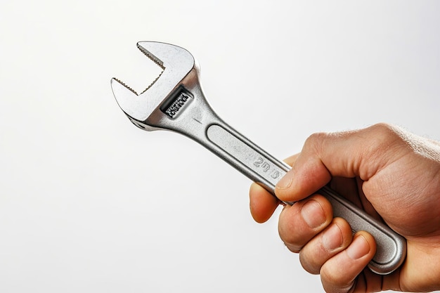 Hand holding an adjustable wrench or adjustable spanner isolated on white background