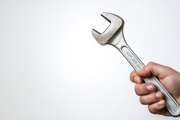 Hand holding an adjustable wrench or adjustable spanner isolated on white background