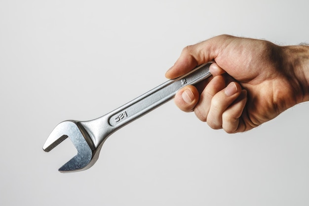 Hand holding adjustable wrench and spanner on a white background