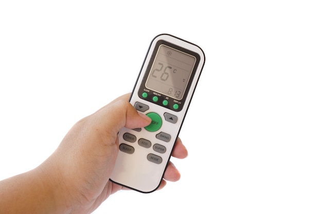 Hand holding air condition wireless remote control isolated on a white background