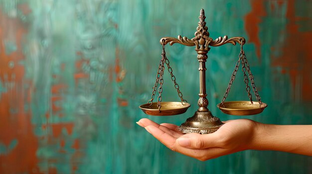 Photo hand holding antique brass scales of justice on a green backdrop ideal for legal and ethical themes