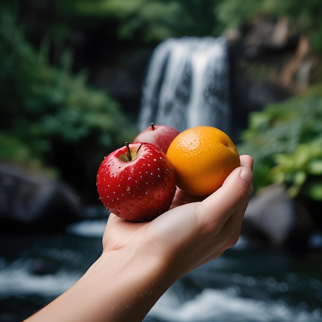 Photo a hand holding an apple and an orange in front of a waterfall