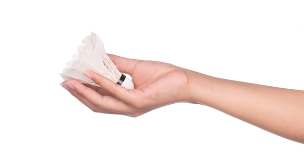 hand holding Badminton shuttlecock isolated on white background