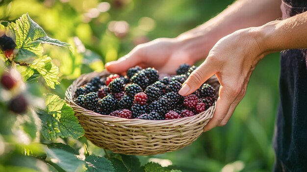 Photo a hand holding a basket of blackberries with a green background