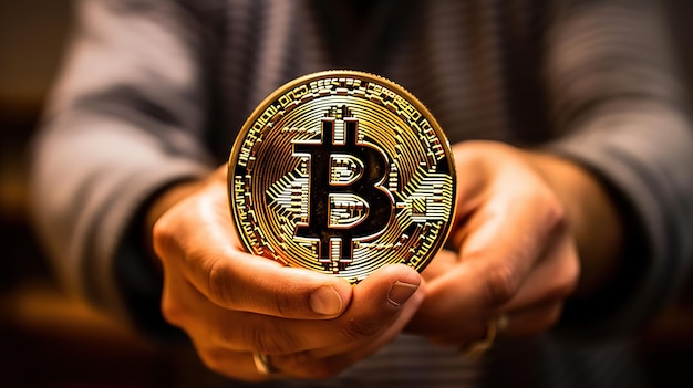 a hand holding bitcoin over blurred background