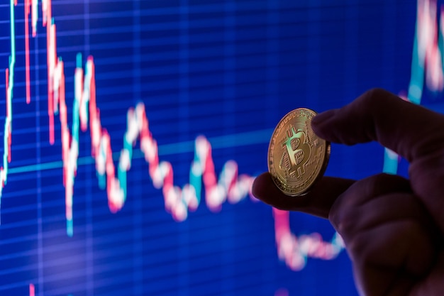 Hand holding bitcoin shiner on blurry dark blue exchange chart closeup with selective focus