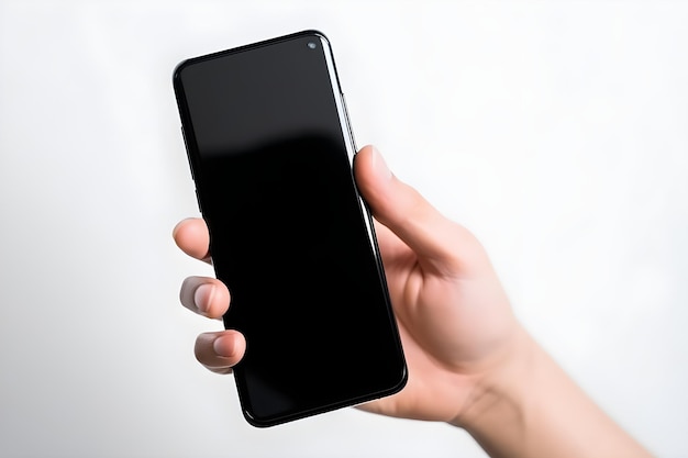 A hand holding a black phone with a blank screen.