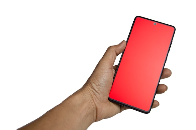 Hand holding a black smartphone red screen on white backgroundwith clipping path