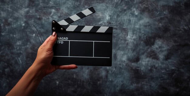 Photo a hand holding a black and white clapperboard in front of a gray background