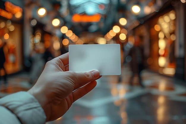 Hand holding blank card in busy shopping mall