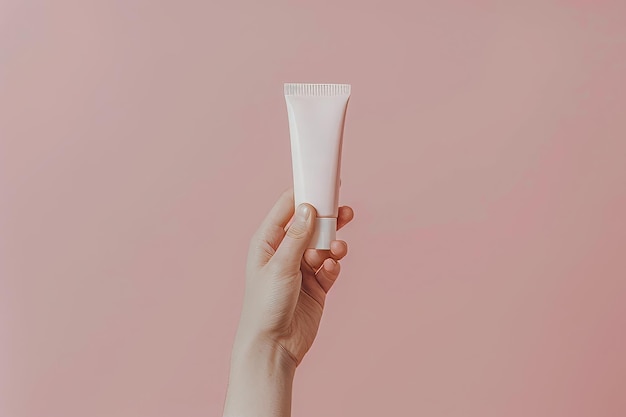 Hand Holding Blank Cosmetic Tube on Soft Pink Background for Product Design Mockup