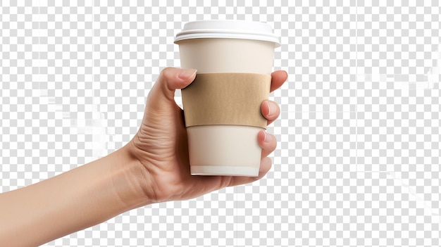 Hand holding a Blank cup of coffee isolated on transparent background