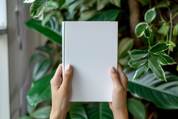 hand holding blank white book cover for mockup isolated background Generative AI