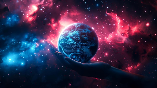 Photo a hand holding a blue planet against a red nebula background