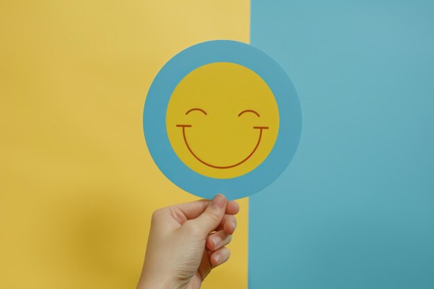 Hand Holding Blue Smiley Face on Yellow and Blue Background Vibrant and Cheerful Art for Positive