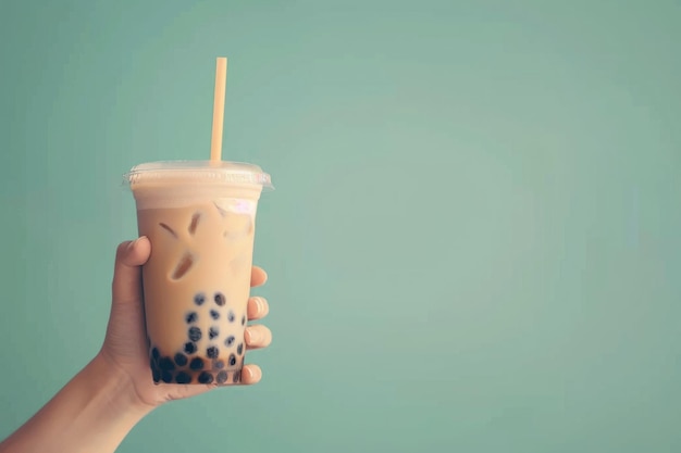 hand holding boba milk tea on green background