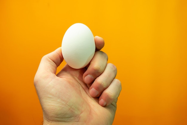 Hand holding boiled eggs on a orange background