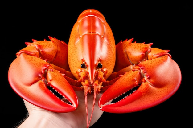 Hand holding boiled lobster close up on black background