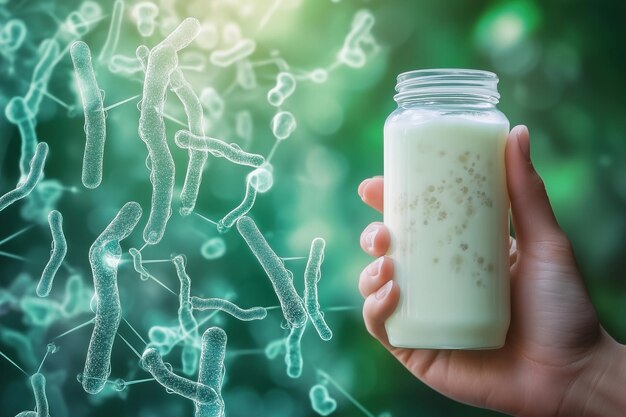 Photo hand holding a bottle of probiotic yogurt