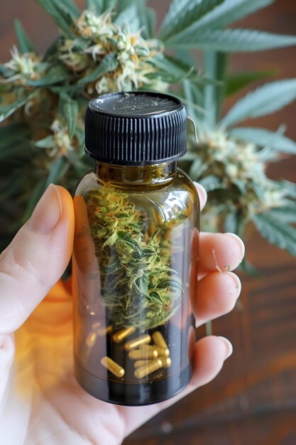 Photo hand holding bottle of thc cannabis oil for medicinal or recreational use