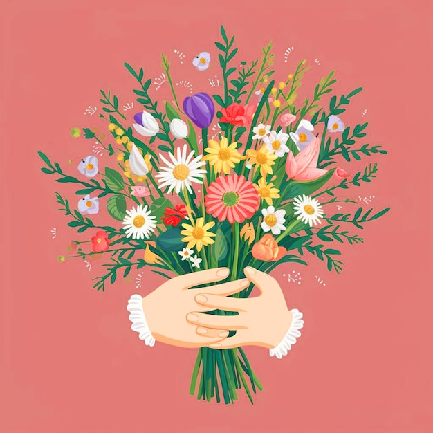 Photo a hand holding a bouquet of flowers that says spring