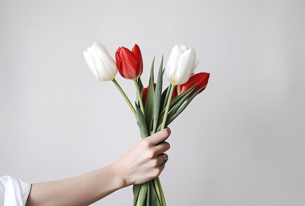 hand holding a bouquet of tulips against white background