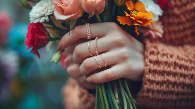 Photo hand holding bouquet with rings