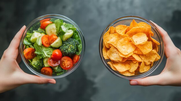 Photo a hand holding a bowl of salad and a hand holding a bowl of chips