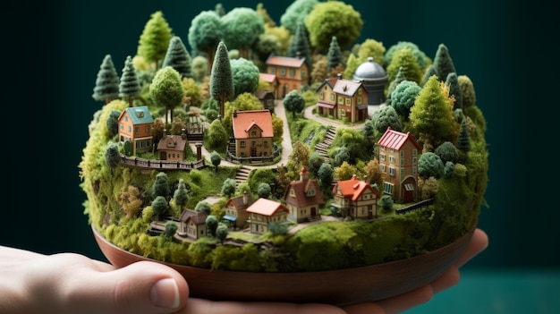 a hand holding a bowl with a model of houses and trees