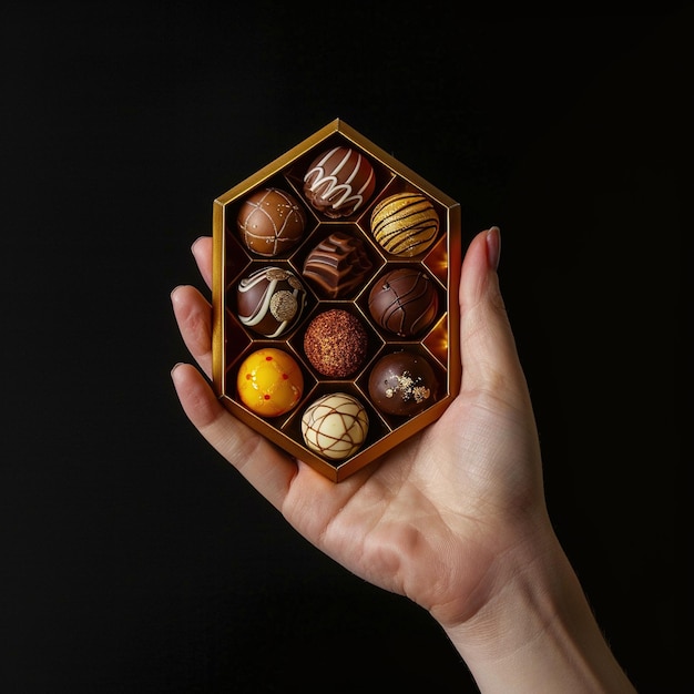 Photo a hand holding a box of chocolates with a black background