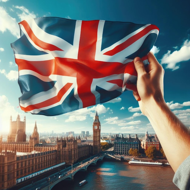 hand holding a british flag over the river thames