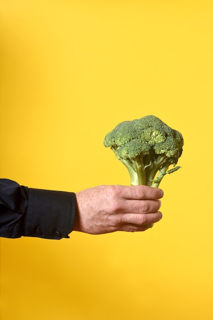 Hand holding a broccoli on yellow background