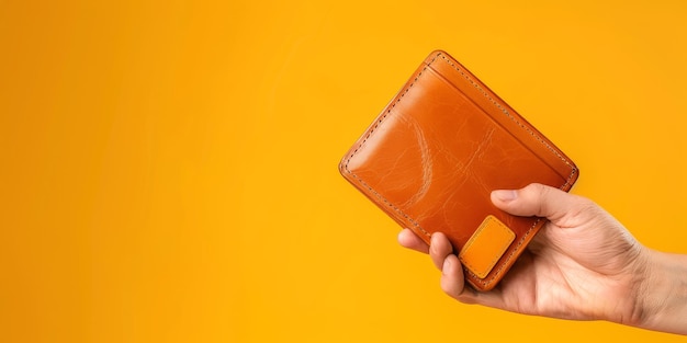 A hand holding a brown leather wallet against a yellow background