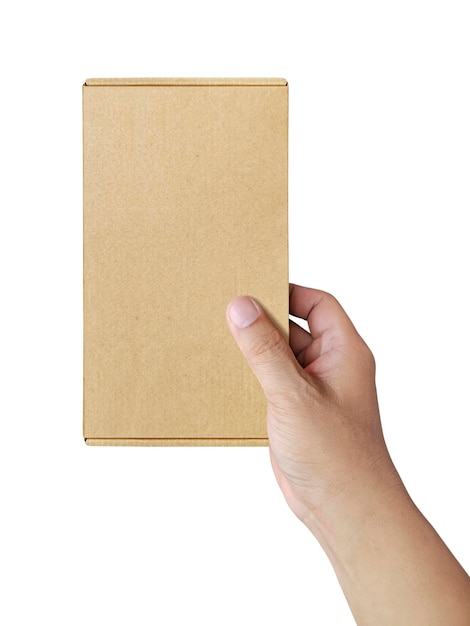 Hand holding brown paper box package isolated on white background